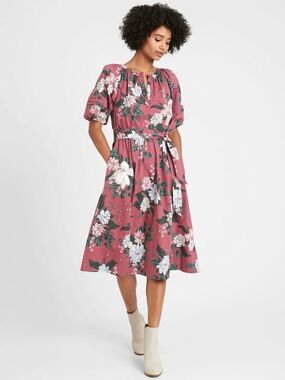 Banana Republic Mauve Floral Tie-Waist Midi Dress
